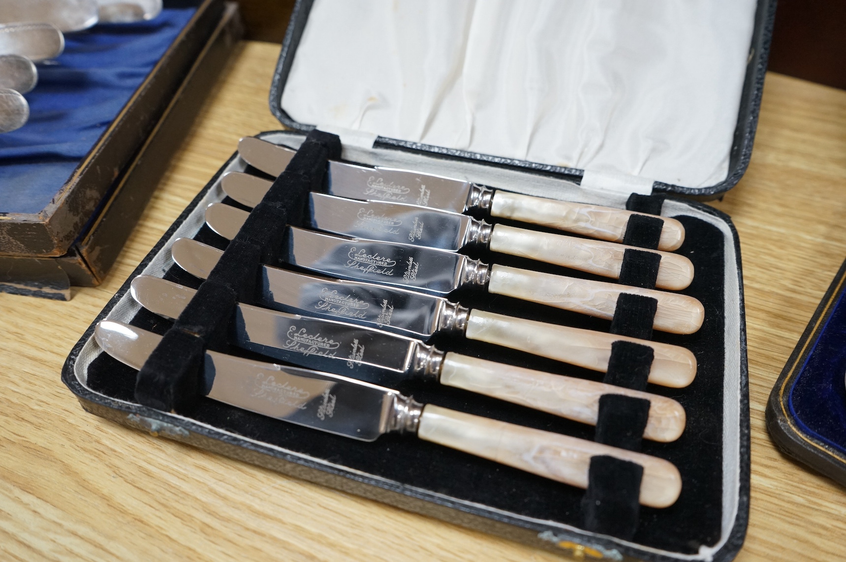A group of assorted cased plated flatware and a cased set of six Edwardian silver teaspoons by Charles Wilkes, Birmingham, 1904. Condition - fair
